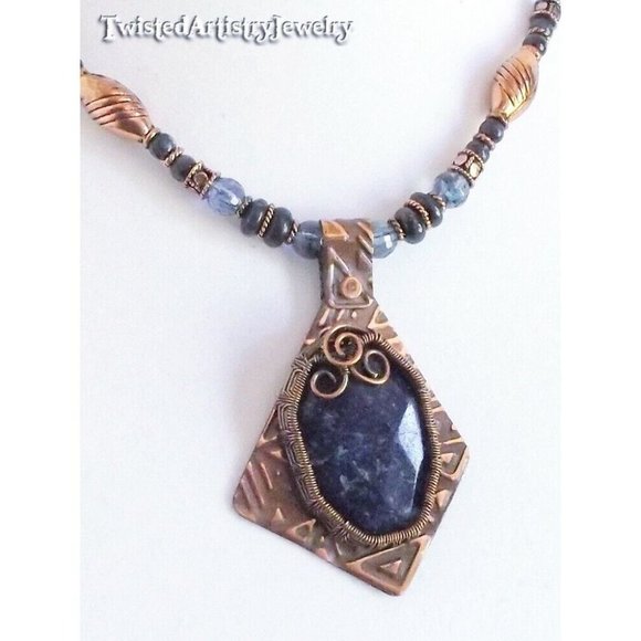 Lapis Lazuli Asymmetric Wire Wrapped Copper Pendant Beaded Necklace Handmade - Picture 3 of 4